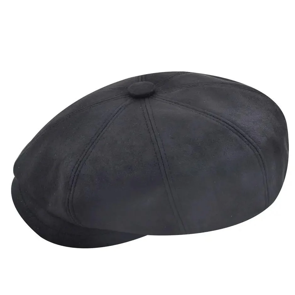 Black Sheepskin Leather Cabbie Newsboy Cap Premium Baker Boy – Bild 4