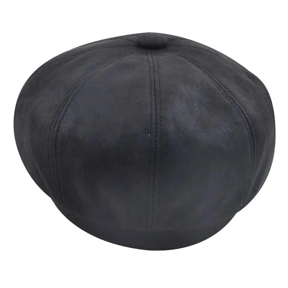 Black Sheepskin Leather Cabbie Newsboy Cap Premium Baker Boy – Bild 5