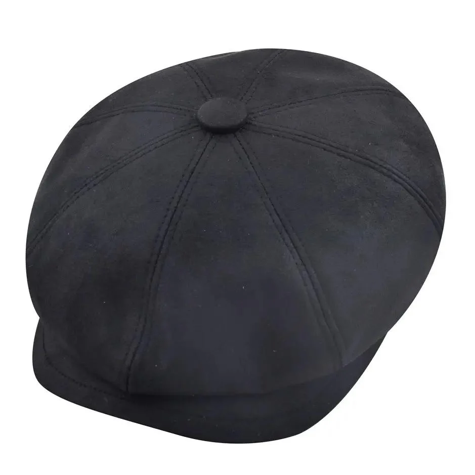 Black Sheepskin Leather Cabbie Newsboy Cap Premium Baker Boy