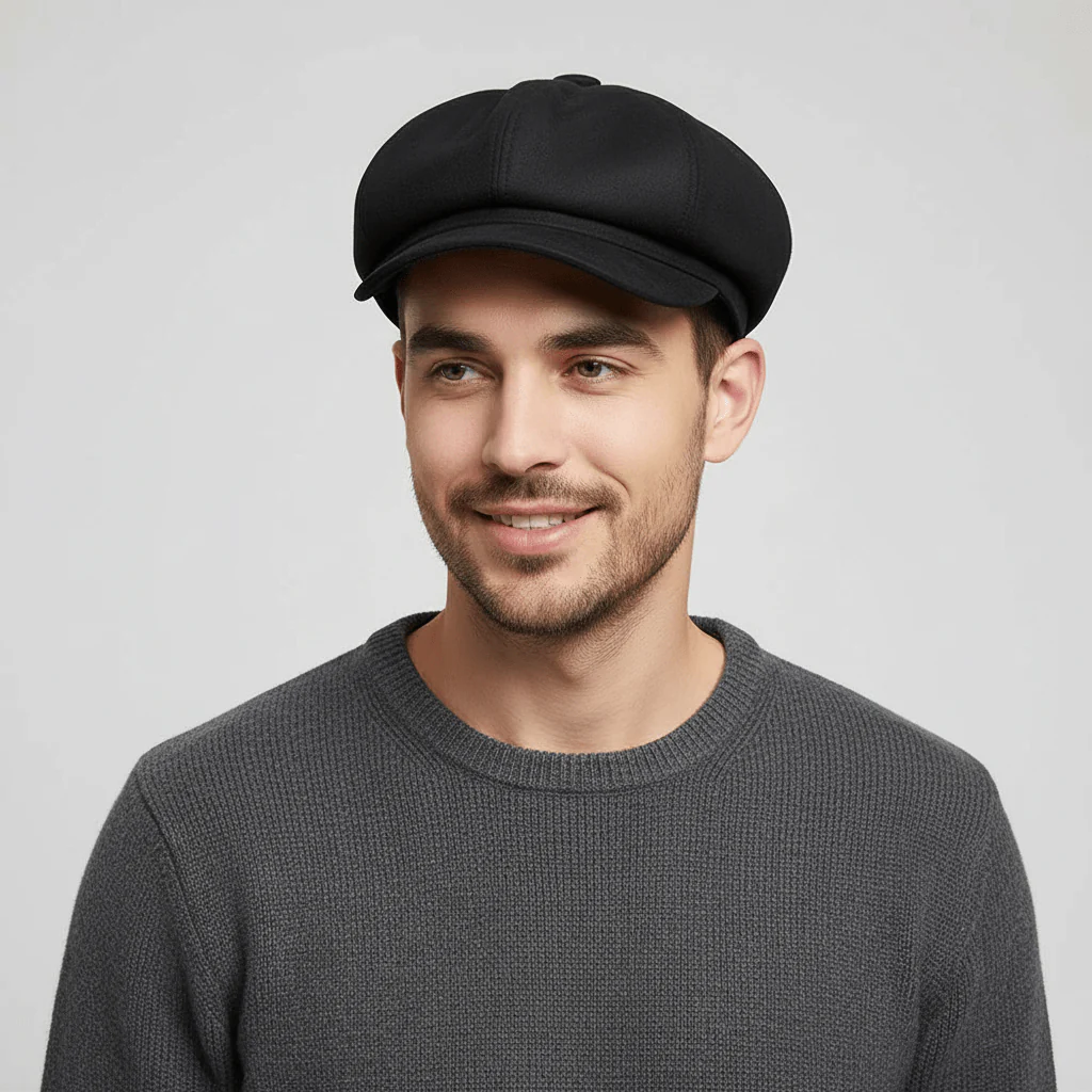 Black Sheepskin Leather Cabbie Newsboy Cap Premium Baker Boy – Bild 3