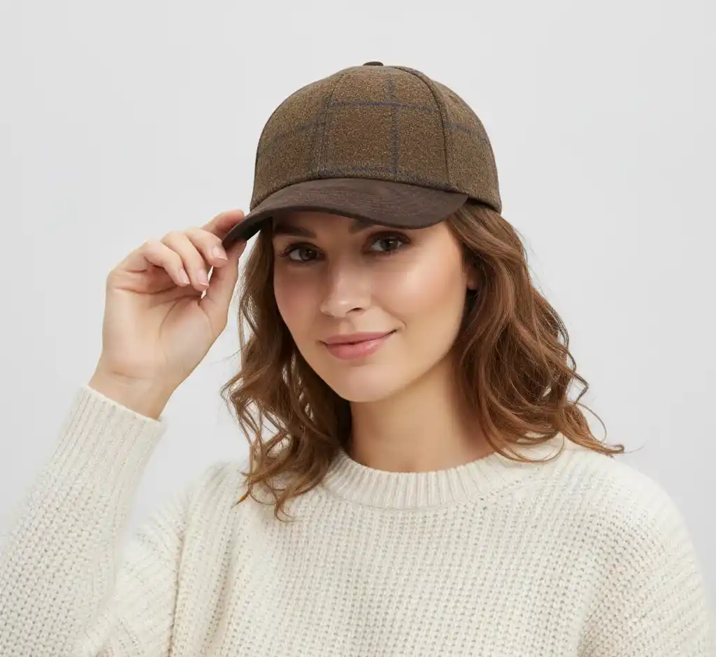 Navy Check Tweed Suede Peak Baseball Cap British Heritage – Bild 5