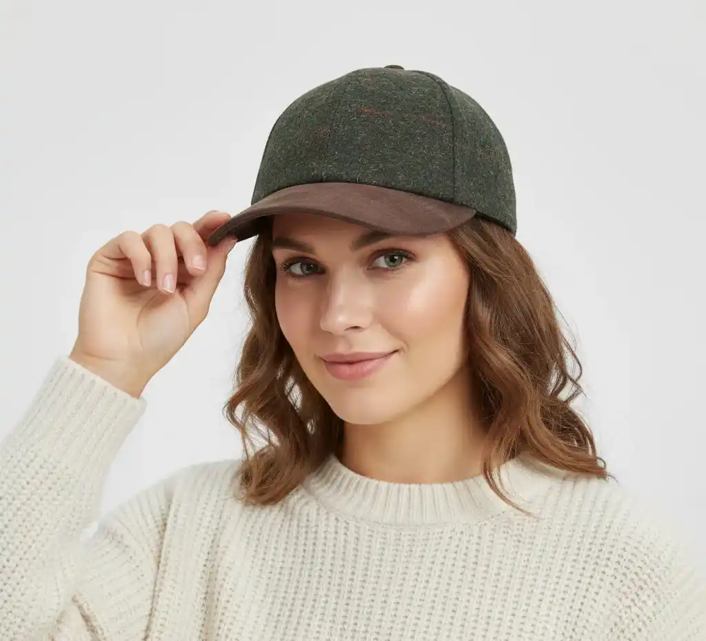 Navy Check Tweed Suede Peak Baseball Cap British Heritage – Bild 7