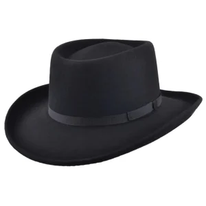 Black Crushable Gambler Hat Wool Felt Telescopic Crown