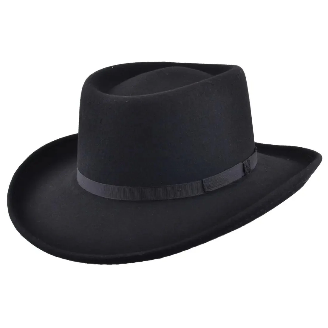Black Crushable Gambler Hat Wool Felt Telescopic Crown