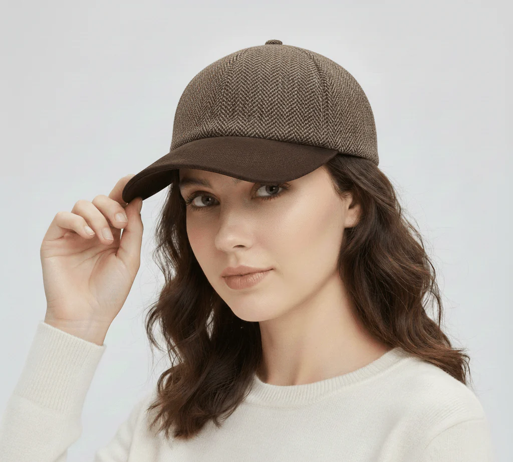 Tan Herringbone Tweed Baseball Cap with Suede Peak Warm Tone – Bild 3