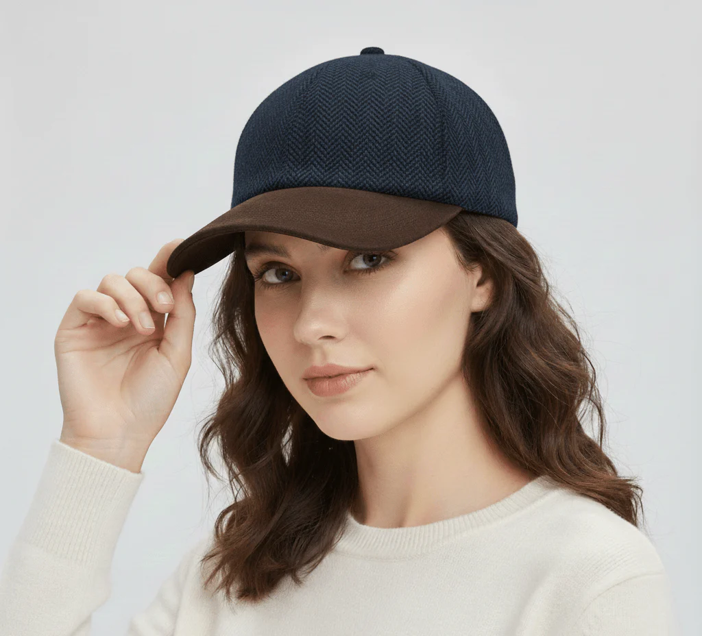 Tan Herringbone Tweed Baseball Cap with Suede Peak Warm Tone – Bild 5