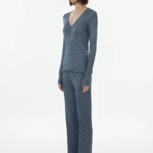 Blauer Langarm-Pullover mit V-Ausschnitt aus Viskose / Schillernder Faser