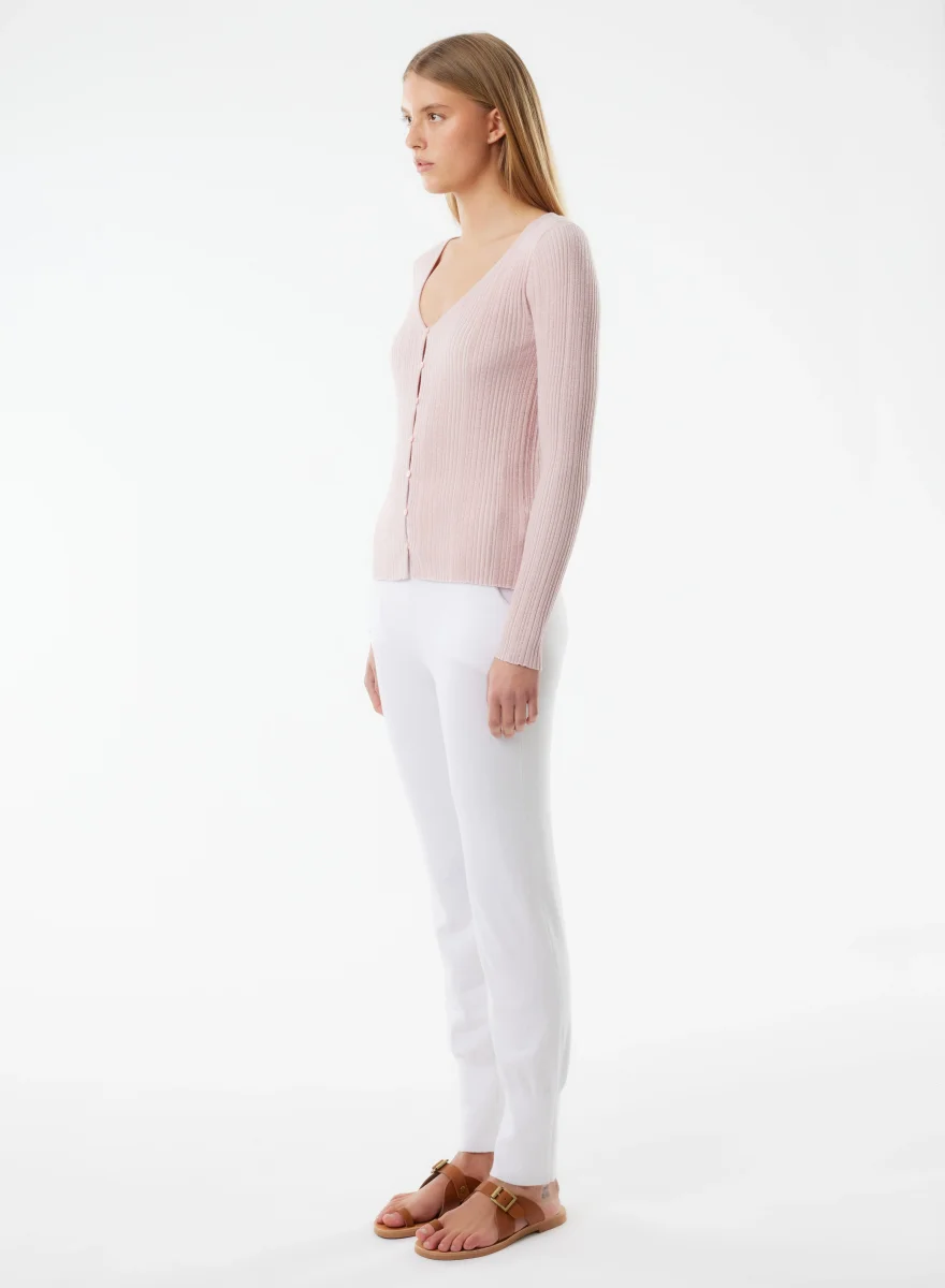 Rosa Langarm-Strickjacke mit V-Ausschnitt aus Baumwolle / Viskose / Elasthan / Metallfaser – Bild 4