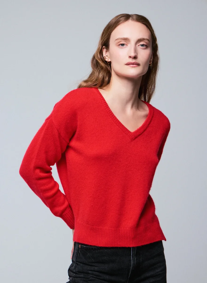 Orangefarbener Langarm-Pullover mit V-Ausschnitt aus Wolle / Kaschmir – Bild 4