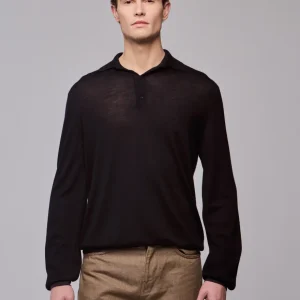 Schwarz / Grau Poloshirt Langarm Poloshirt aus Merinowolle