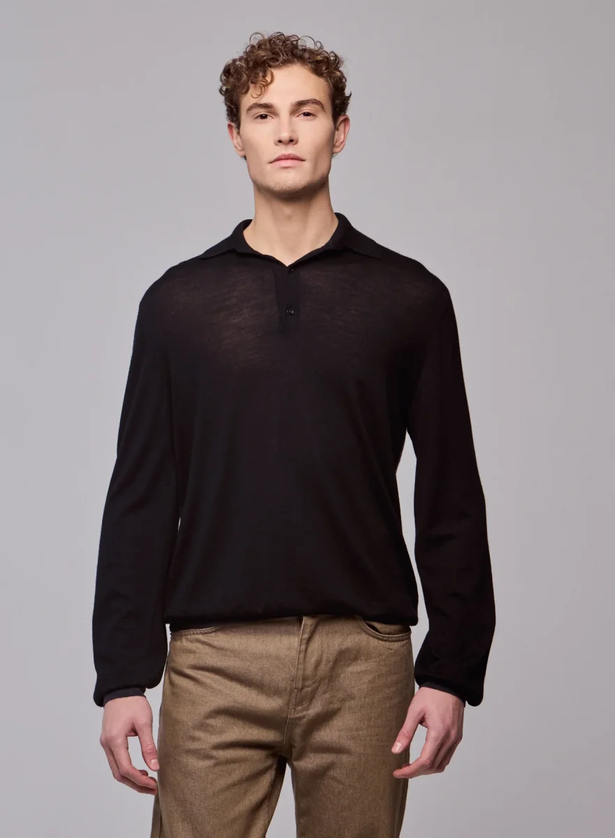 Schwarz / Grau Poloshirt Langarm Poloshirt aus Merinowolle