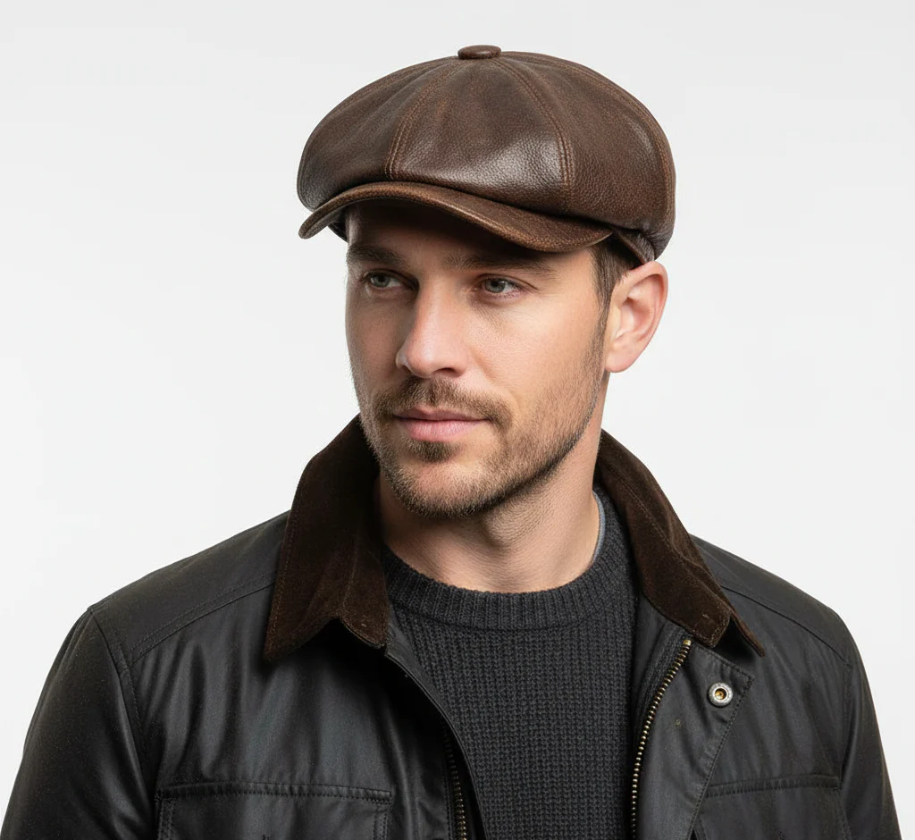 Brown Cracked Sheepskin Leather Newsboy Cap Vintage Finish – Bild 3