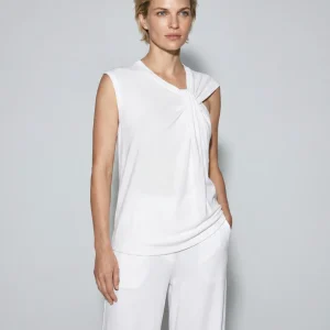 Ärmelloses Tanktop mit Knotenausschnitt aus Baumwolle/Leinen in Weiß
