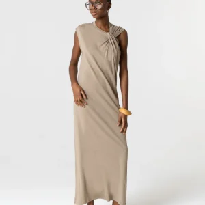 Ärmelloses Kleid mit Knotenausschnitt aus Baumwolle/Leinen in Kaffee-Latte