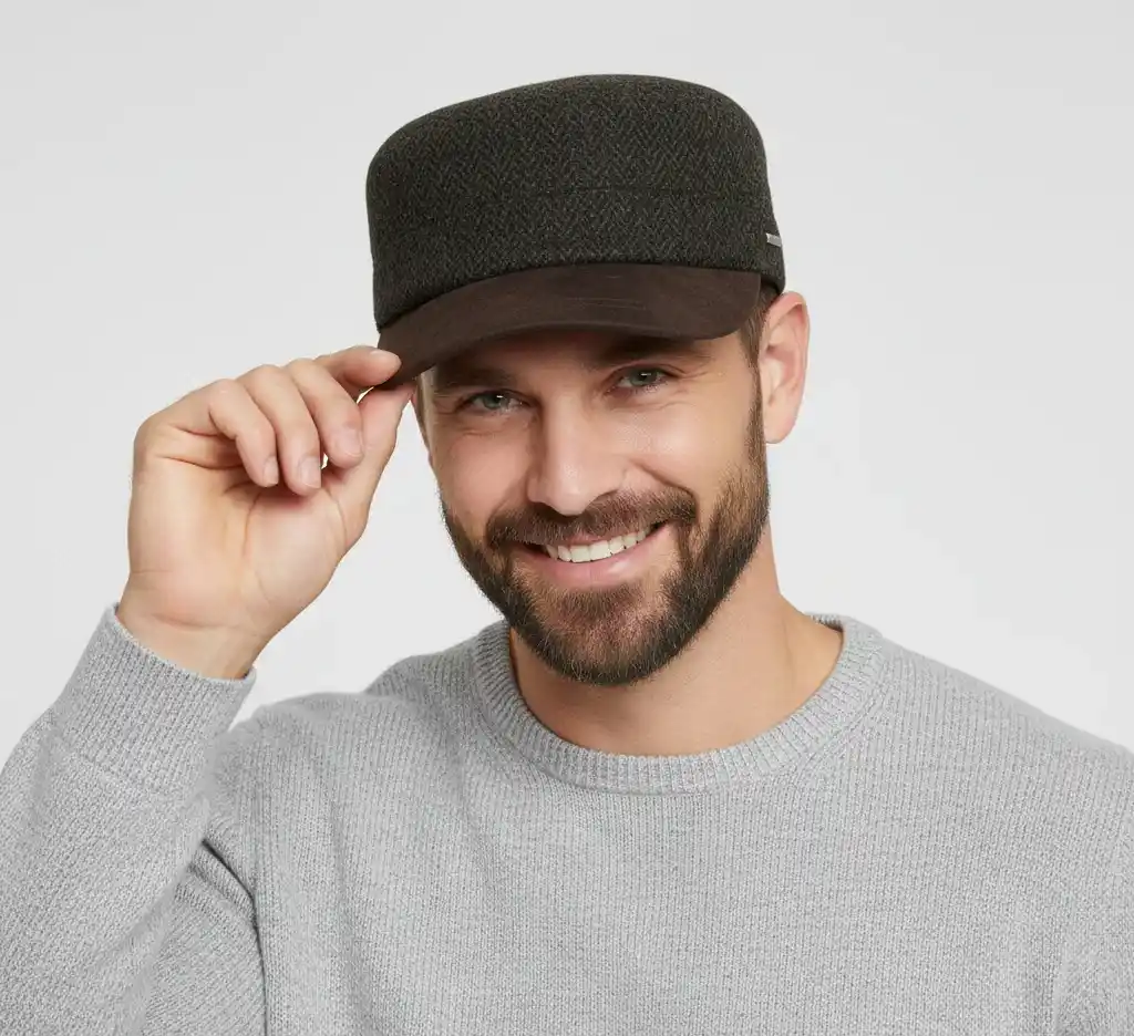 Green Herringbone Wool Army Cap with Buckle Heritage Everyday – Bild 3
