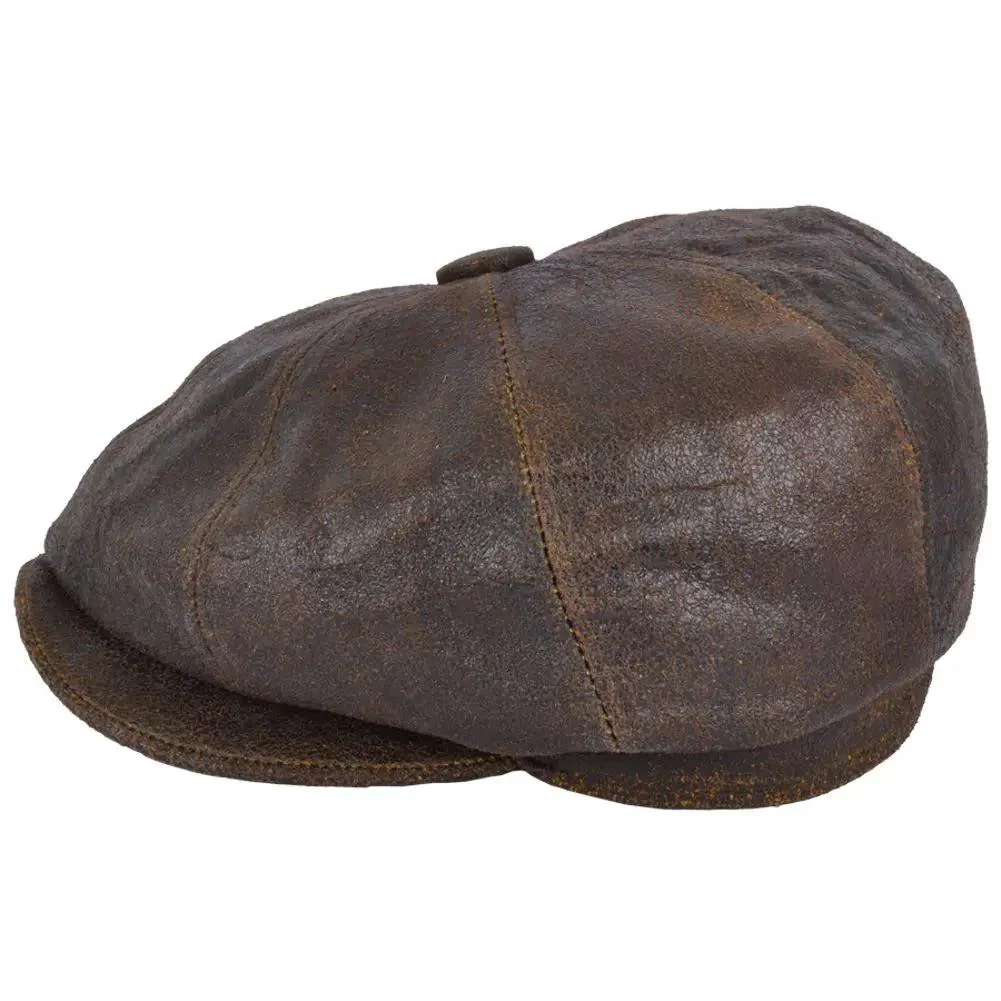 Brown Cracked Sheepskin Leather Newsboy Cap Vintage Finish – Bild 5