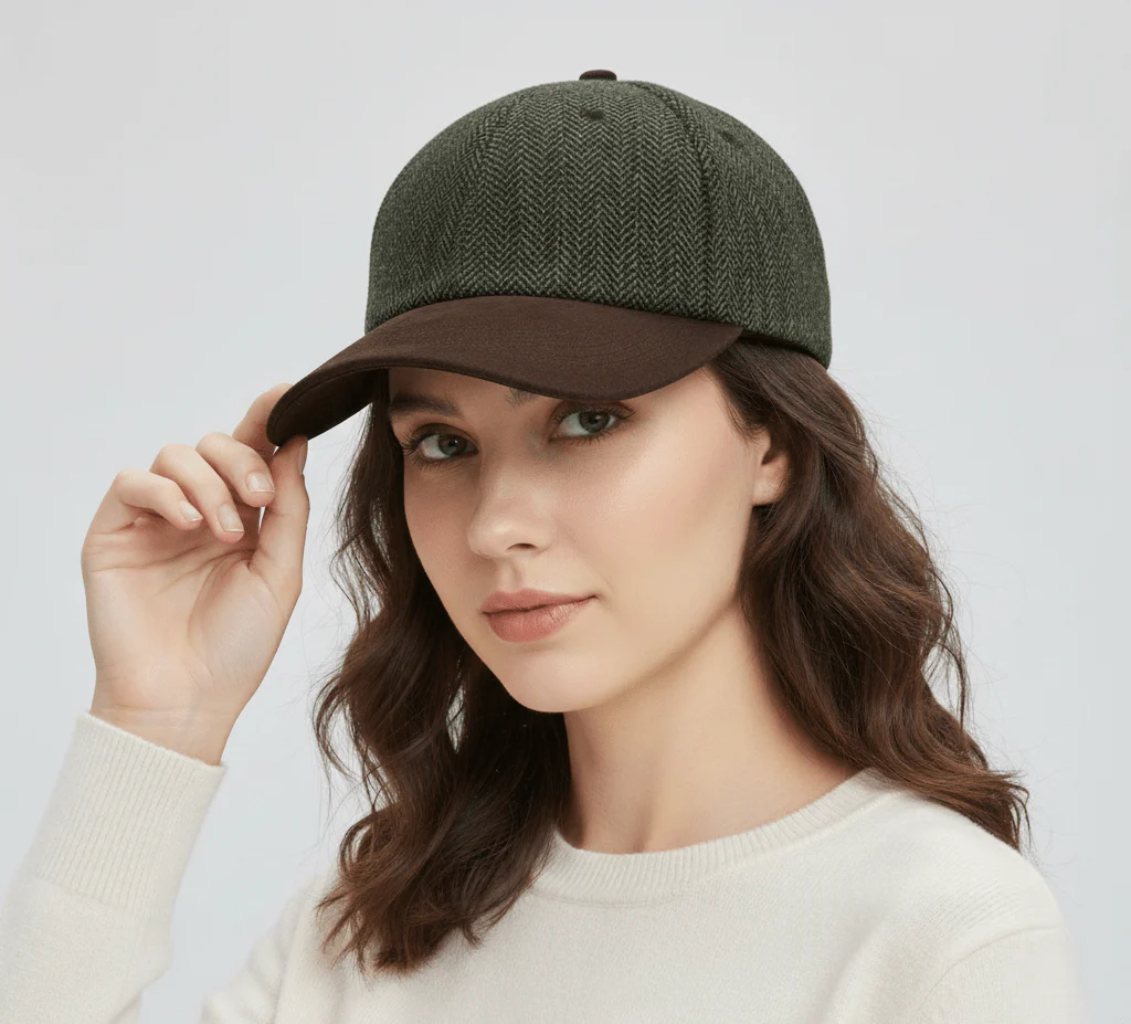 Green Herringbone Tweed Baseball Cap with Suede Peak Country – Bild 3
