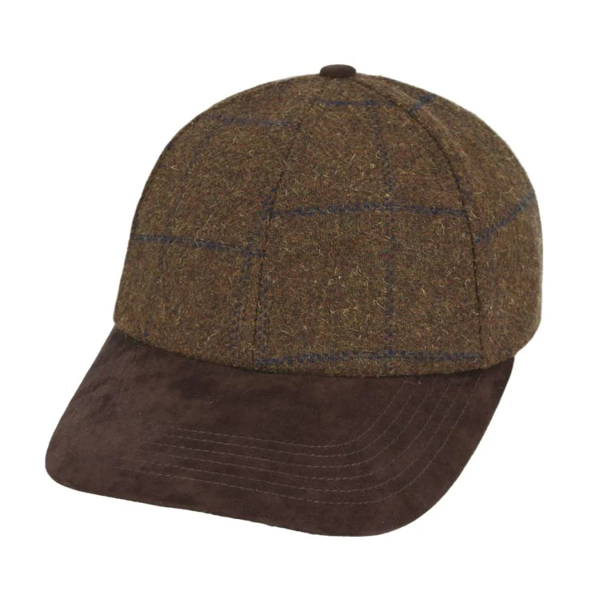 Brown Checked Tweed Baseball Cap with Suede Peak Heritage