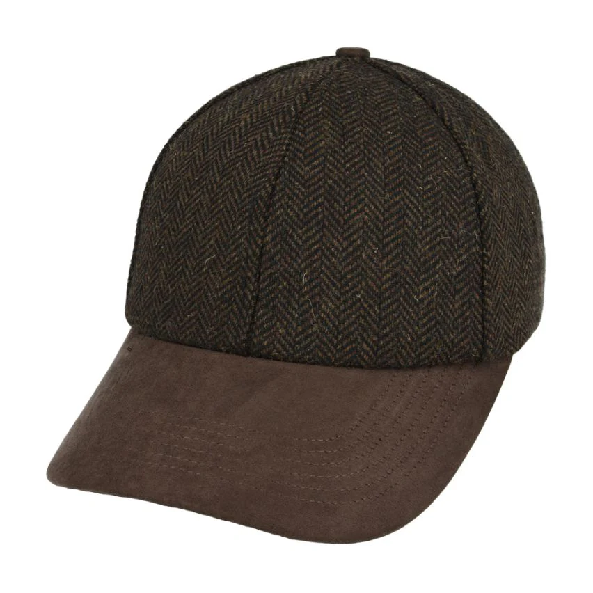Brown Herringbone Tweed Baseball Cap Suede Peak Classic Style