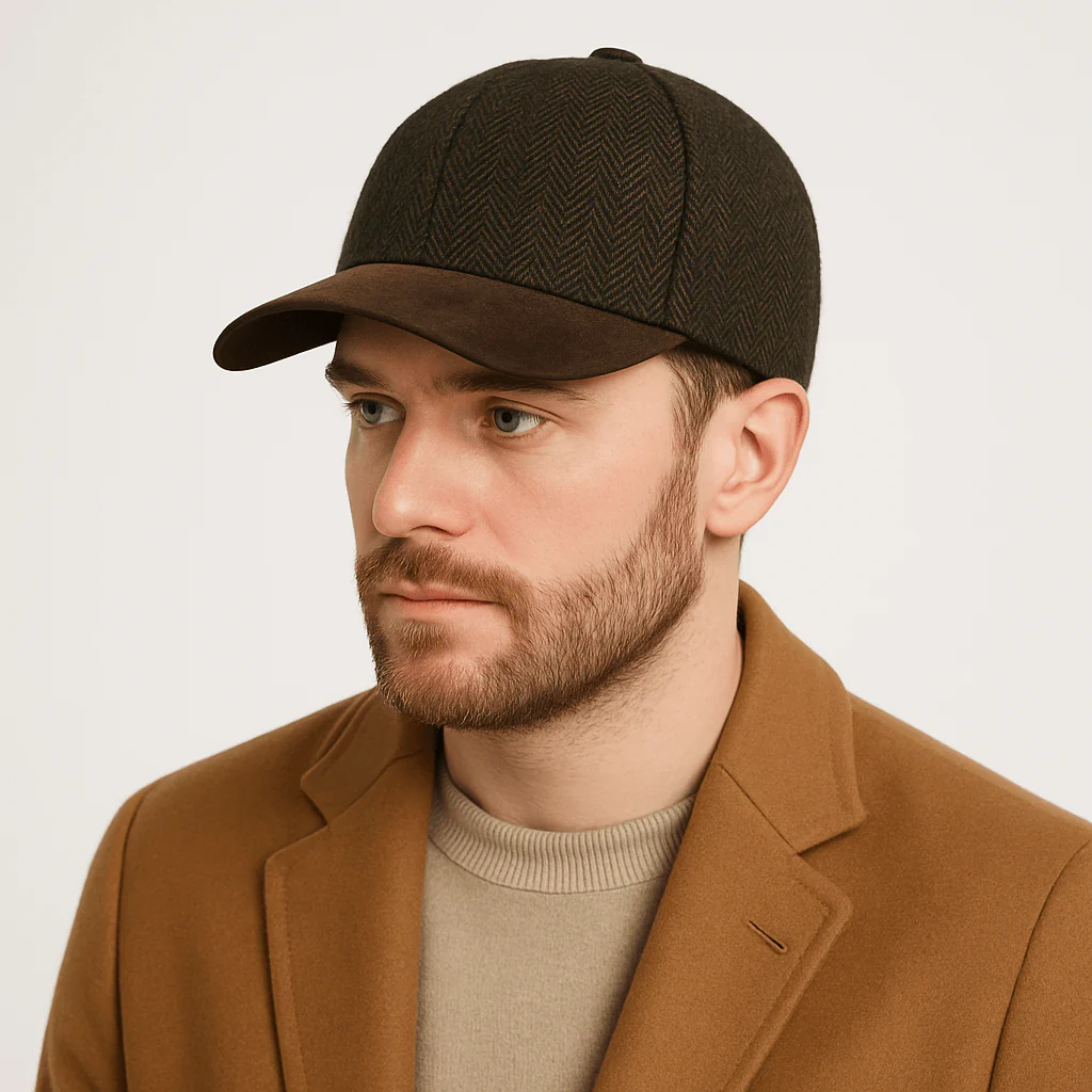Brown Herringbone Tweed Baseball Cap Suede Peak Classic Style – Bild 3