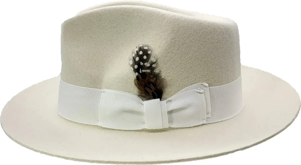 Stiff Brim White Fedora Premium Wool Felt Satin Lined Feather – Bild 5