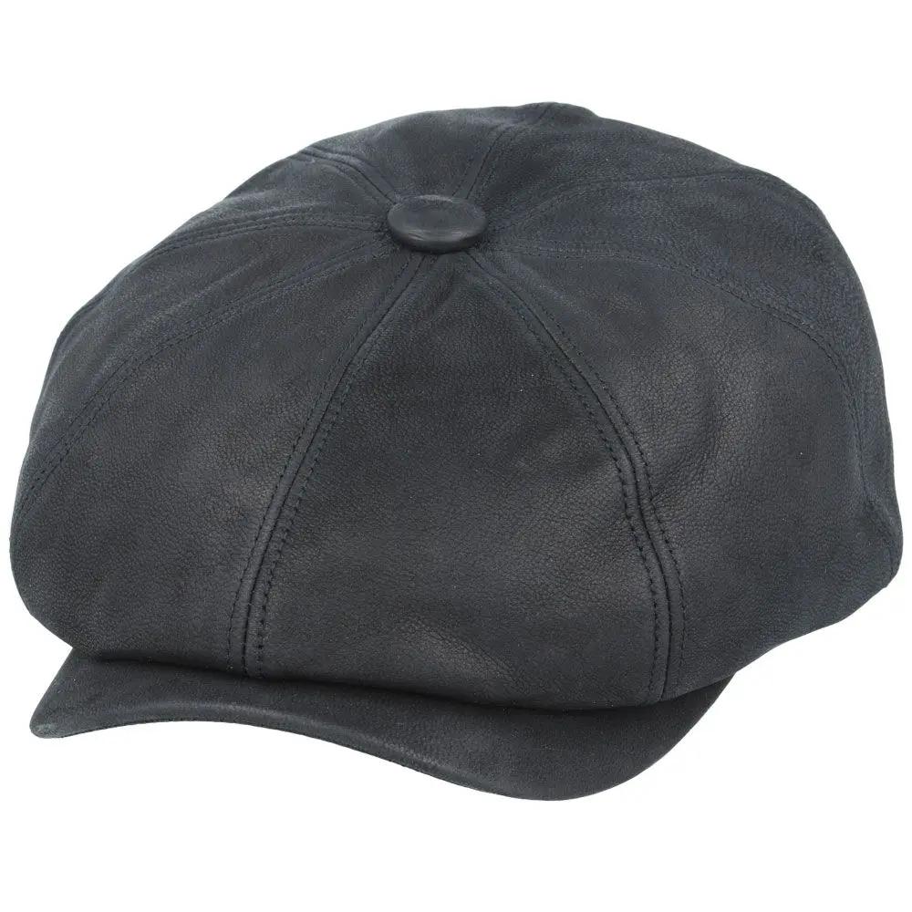 Black Sheepskin Leather Cabbie Newsboy Cap Premium Baker Boy – Bild 6