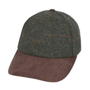 Green Check Tweed Suede Baseball Cap Heritage Button Top