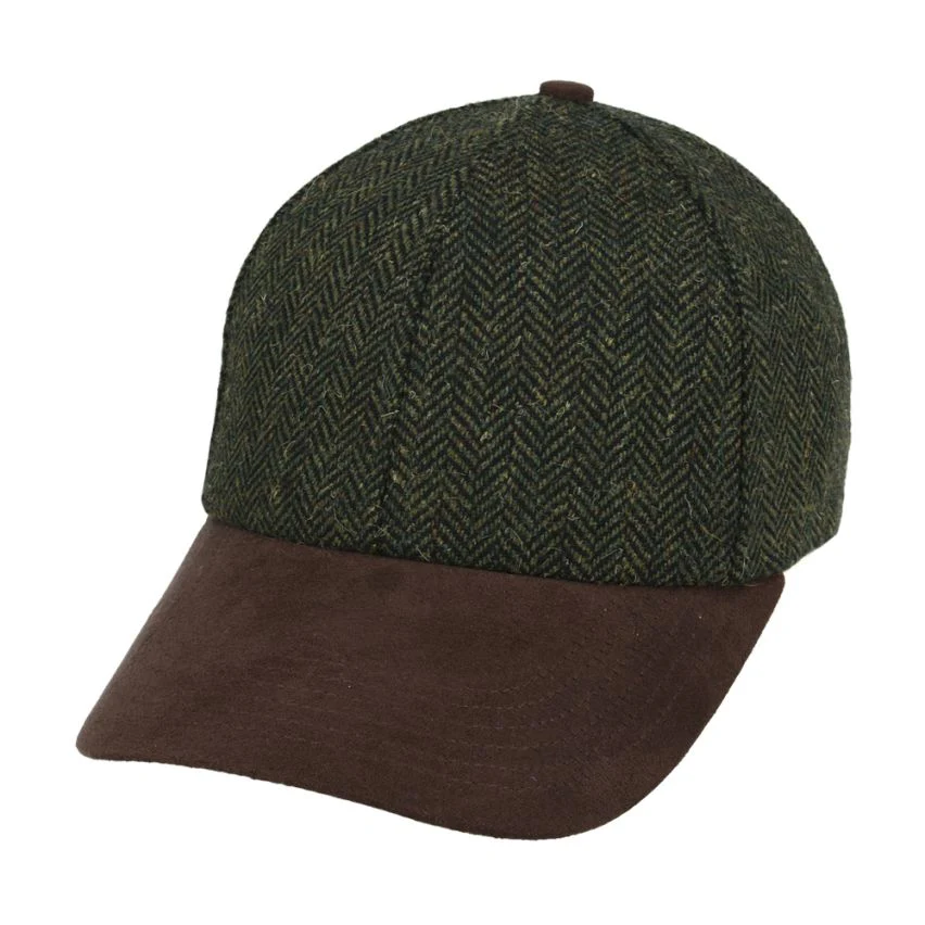 Green Herringbone Tweed Baseball Cap with Suede Peak Country