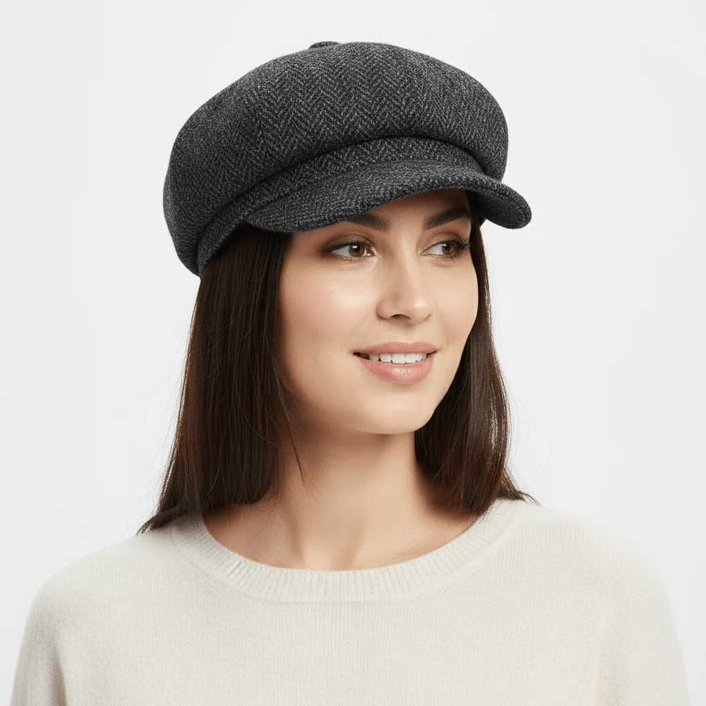 Black Herringbone Harris Tweed Newsboy Cap Scottish Wool – Bild 3