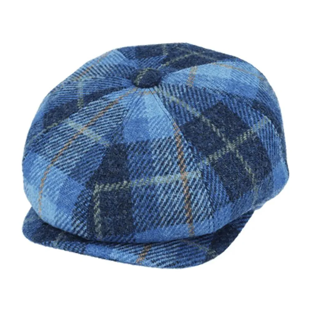 Blue Harris Tweed Herringbone Newsboy Cap Handwoven Wool