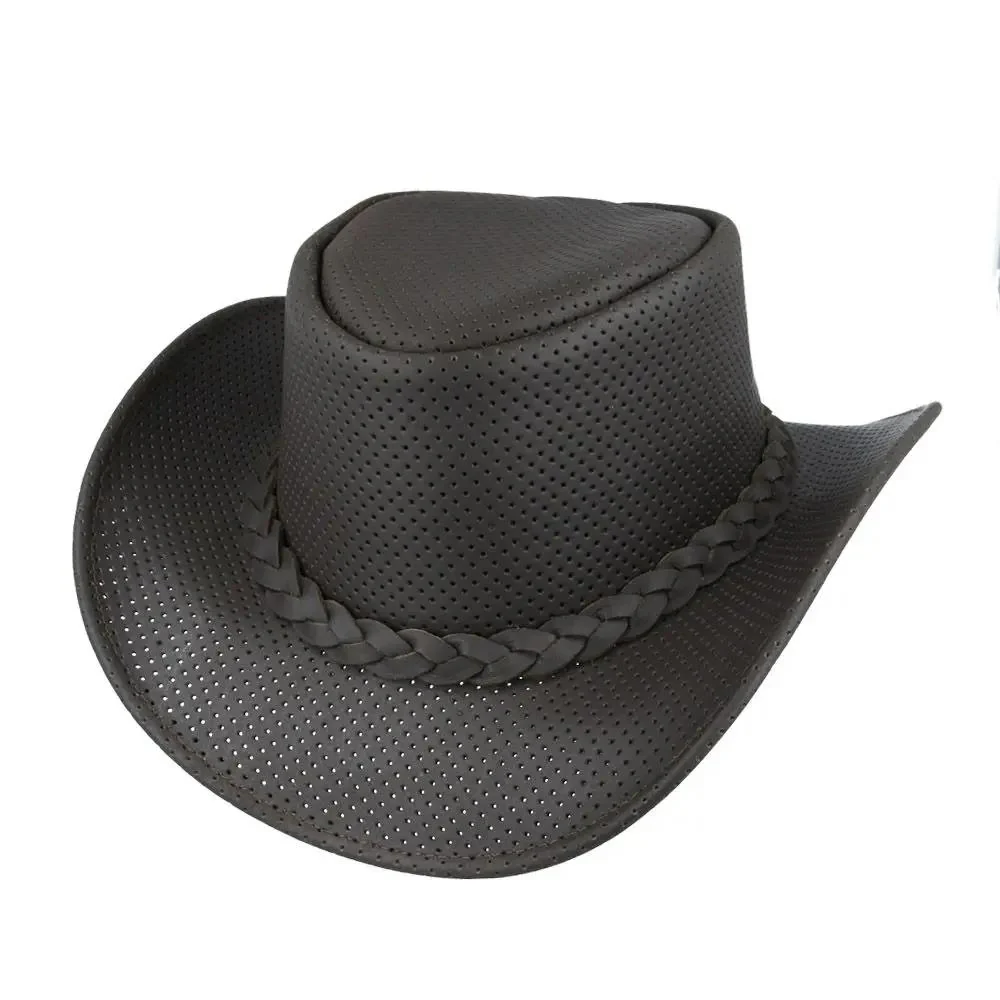 Brown Leather Mesh Ventilated Cowboy Hat Western Outback