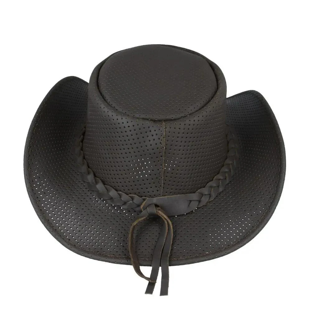 Brown Leather Mesh Ventilated Cowboy Hat Western Outback – Bild 4