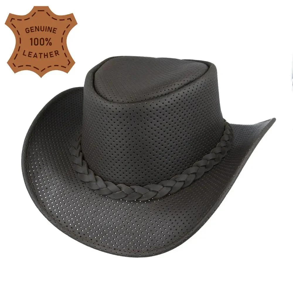 Brown Leather Mesh Ventilated Cowboy Hat Western Outback – Bild 6
