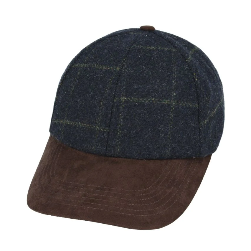 Navy Check Tweed Suede Peak Baseball Cap British Heritage