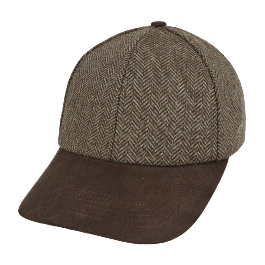 Green Herringbone Tweed Baseball Cap with Suede Peak Country – Bild 9